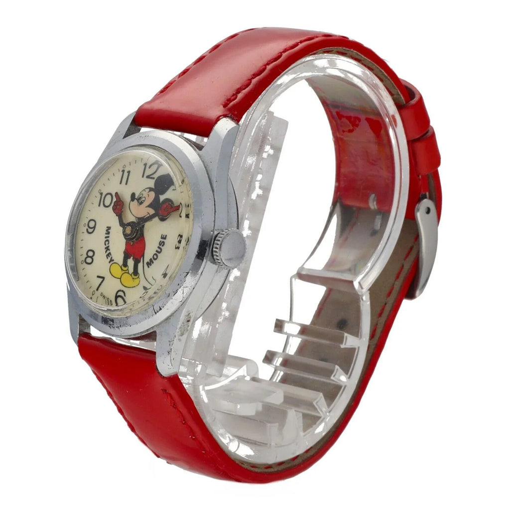Manual 29mm Vintage Swiss Metal Base Wind Mickey Red Watch Women's Mouse Leather