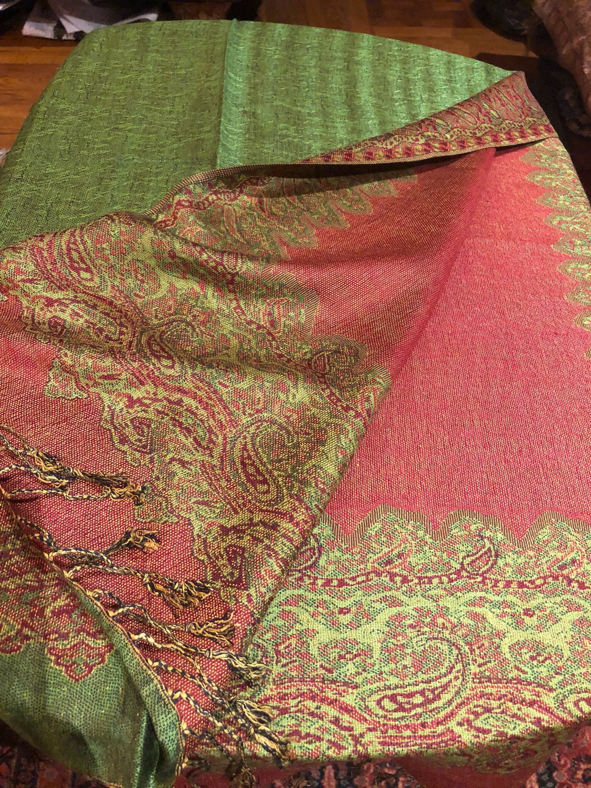 Pashmina Paisley Scarf Red Vintage Wrap Reversible Brocade Green