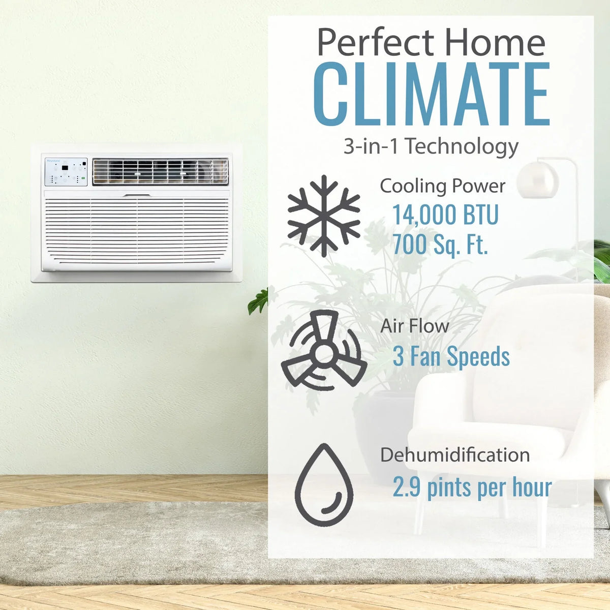 Through-the-Wall Sq. 700 Keystone Ft. Conditioner, White BTU 14,000 Air