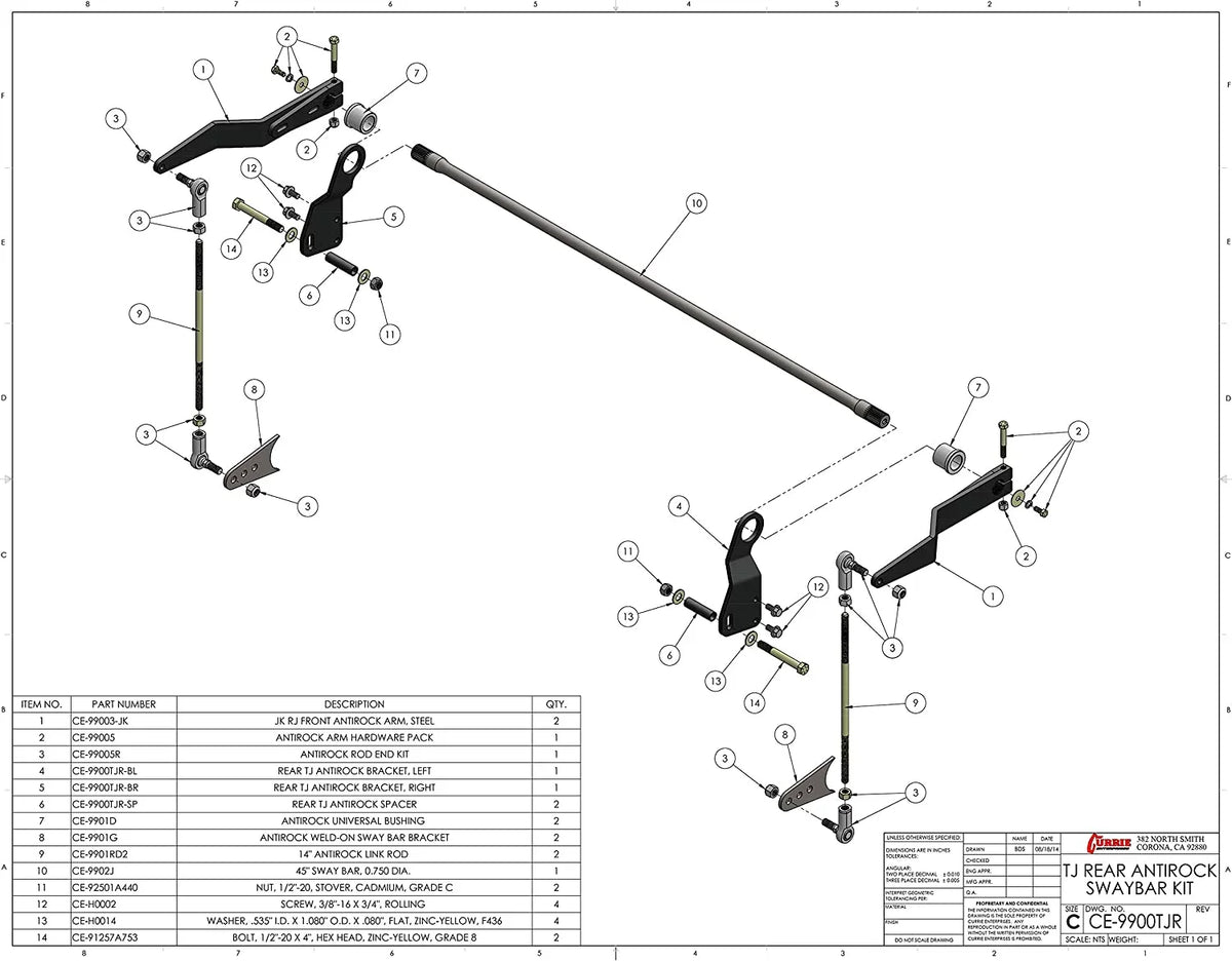 Currie For Sway Kit Enterprises Antirock Rear CE-9900TJR TJ/LJ Bar
