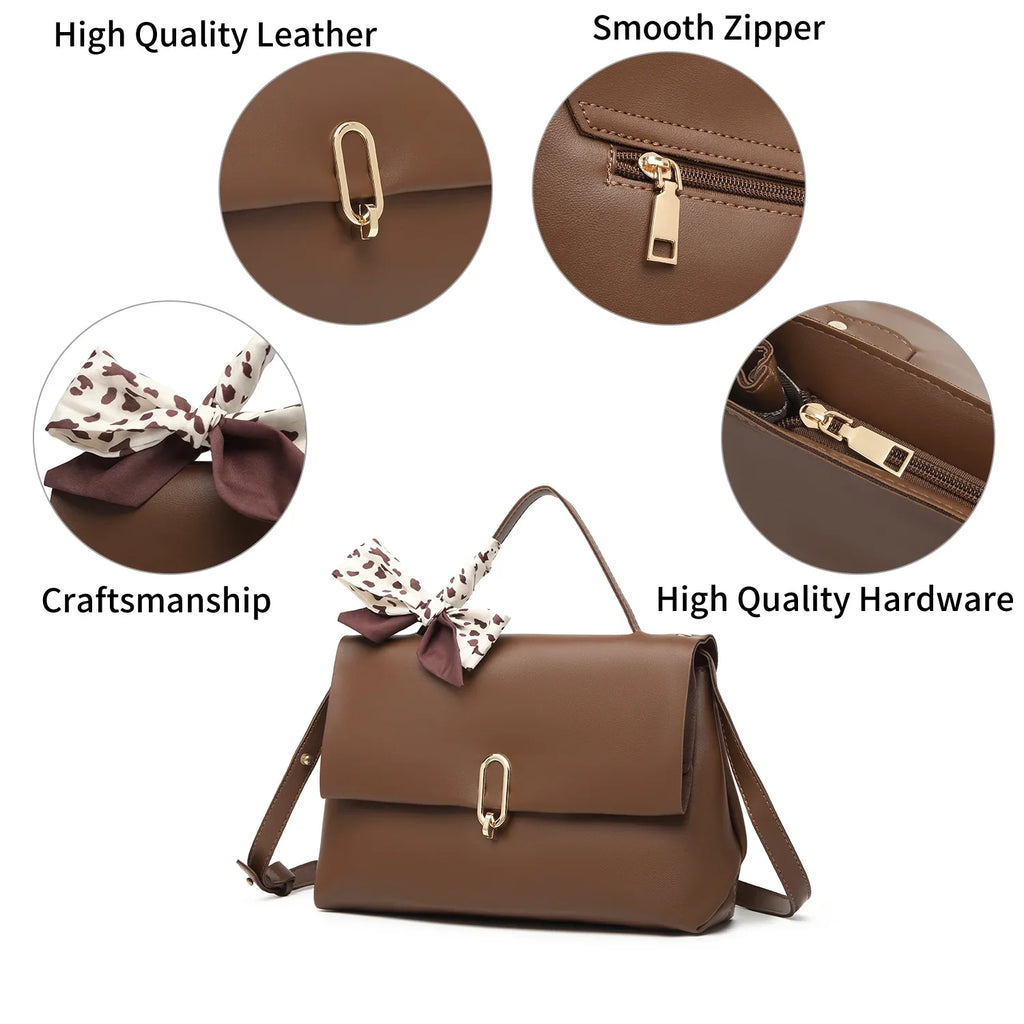 PU Scarf Silk Brown Flap women Handle Leather handbags crossbody ladies Shoulder Women's bag Bag hand square bags bags