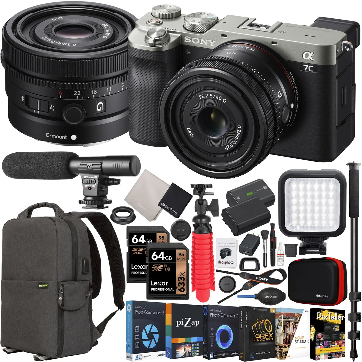 '+ Microphone Case Mirrorless Full and a7C Compact Camera FE Bundle Accessories G Deco Gear Frame Backpack ILCE7C/S F2.5 + + Monopod with Body Photography 40mm Silver LED Lens with SEL40F25G