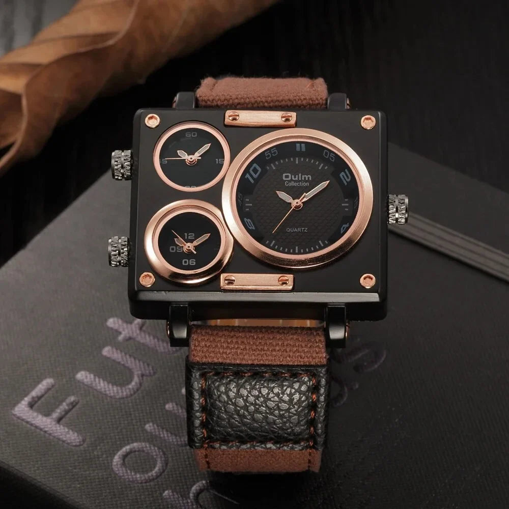 Luxury Casual Watches 3 Brand Watch design Zone Men Quartz Fashion Men's Square Face Watches Blue Time Unique Big New Designer