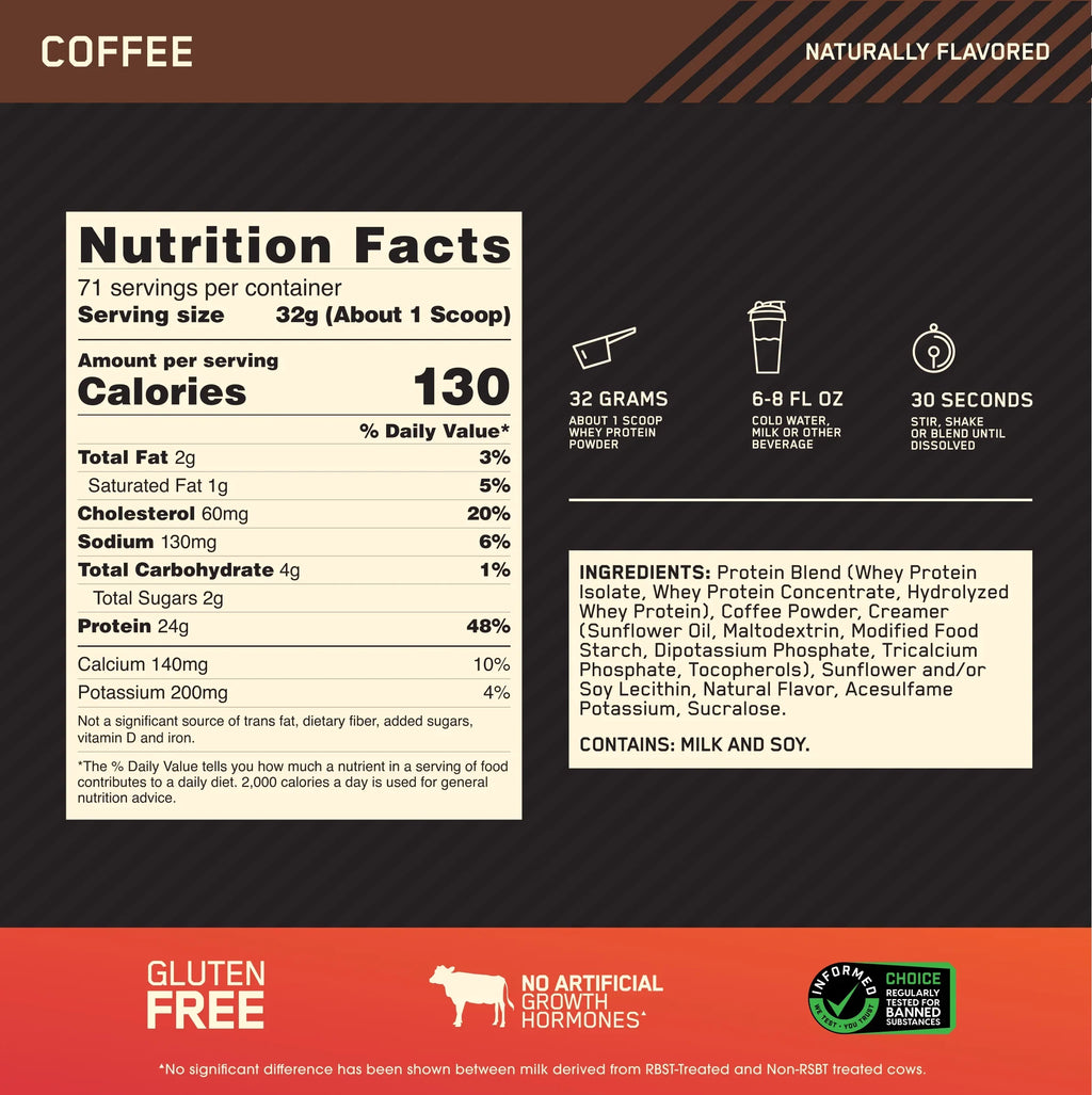 71 Gold 5 Optimum Protein 100% lb, Powder, Whey Nutrition, Coffee, Servings Standard