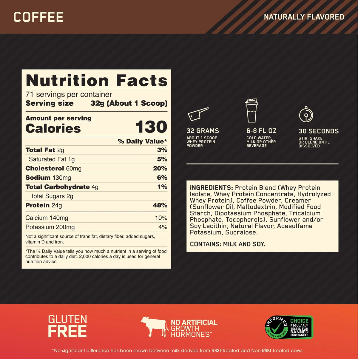 71 Gold 5 Optimum Protein 100% lb, Powder, Whey Nutrition, Coffee, Servings Standard