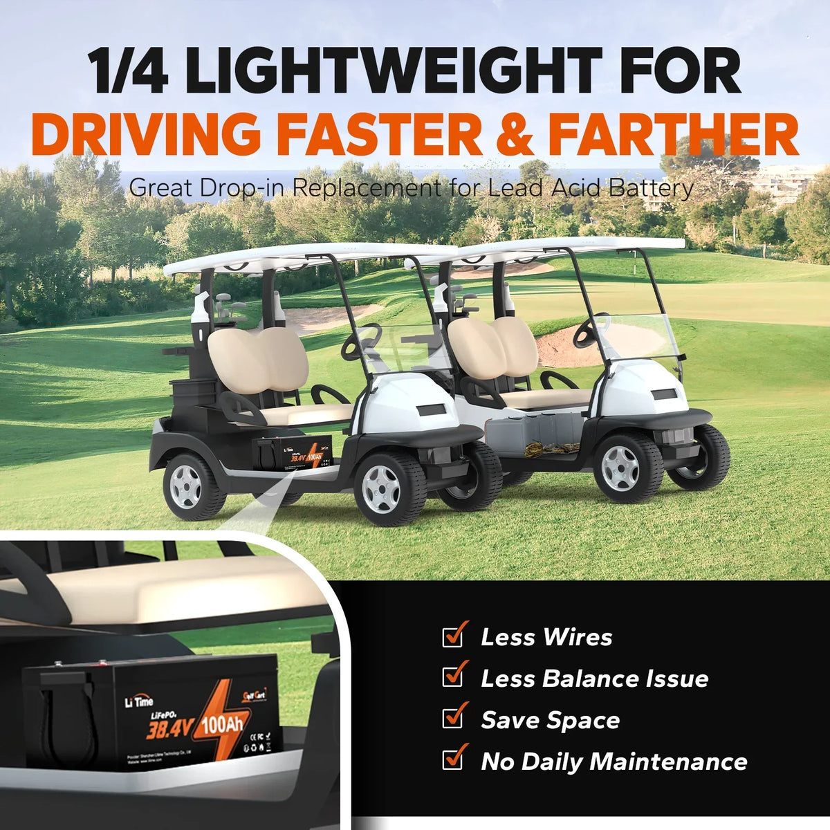 Cycle, 100Ah Built-in Golf for Deep 36V Motor, Mower and 2C 200A Lawn Battery, GC2 RV, Golf Discharge, 15000 LiTime Cart, LiFePO4 Support Max. Power Trolling Cart Max. 7.68kW Perfect Lithium BMS,