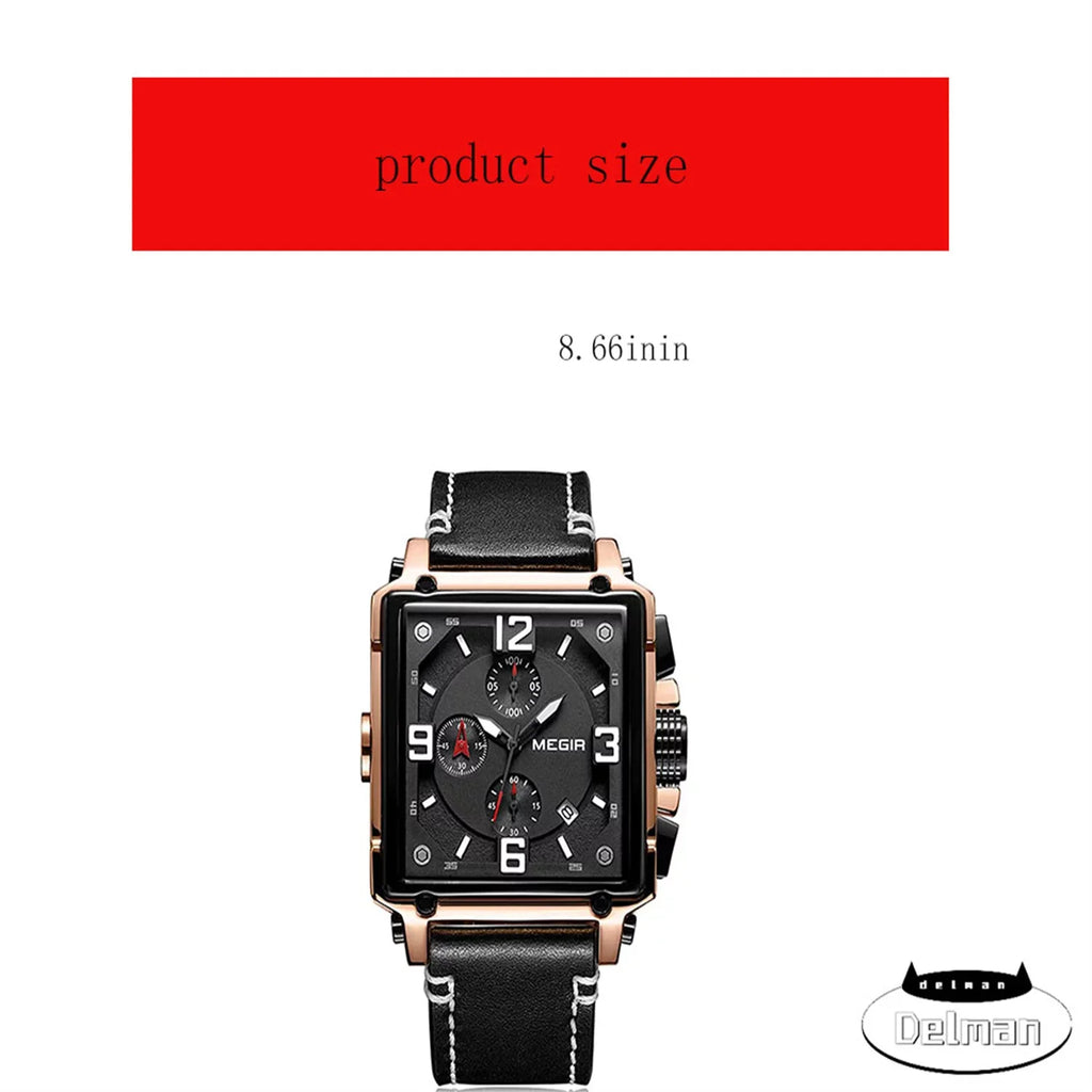 Men's Chronograph Casual Quartz Luxury Watch Man Strap for Watches Fashion Luminous Dial Wristwatch Square Waterproof Leather