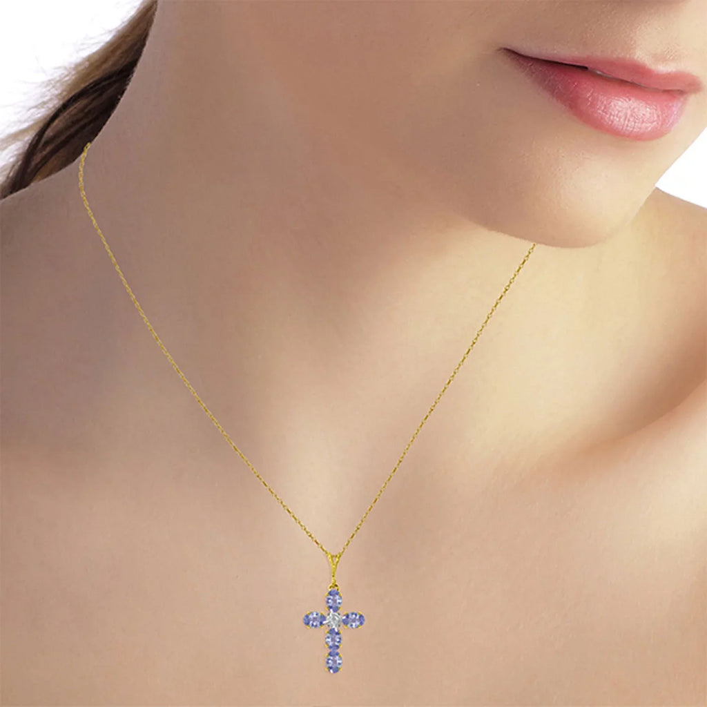1.75 Cross Gold CTW Diamond Tanzanite Natural 14K Solid Necklace