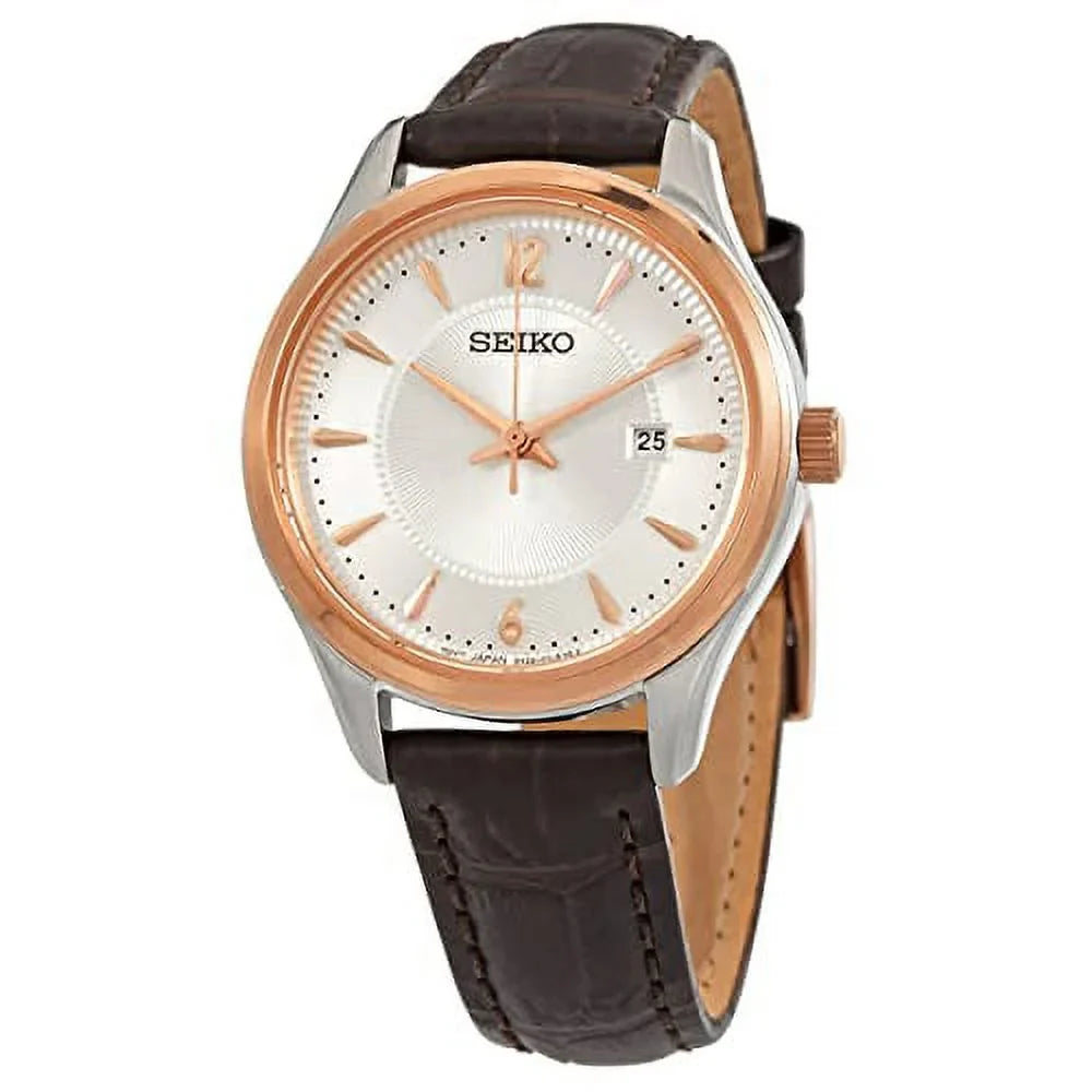 Women's Seiko Steel Watch Brown and Stainless Rose Gold Leather SUR428
