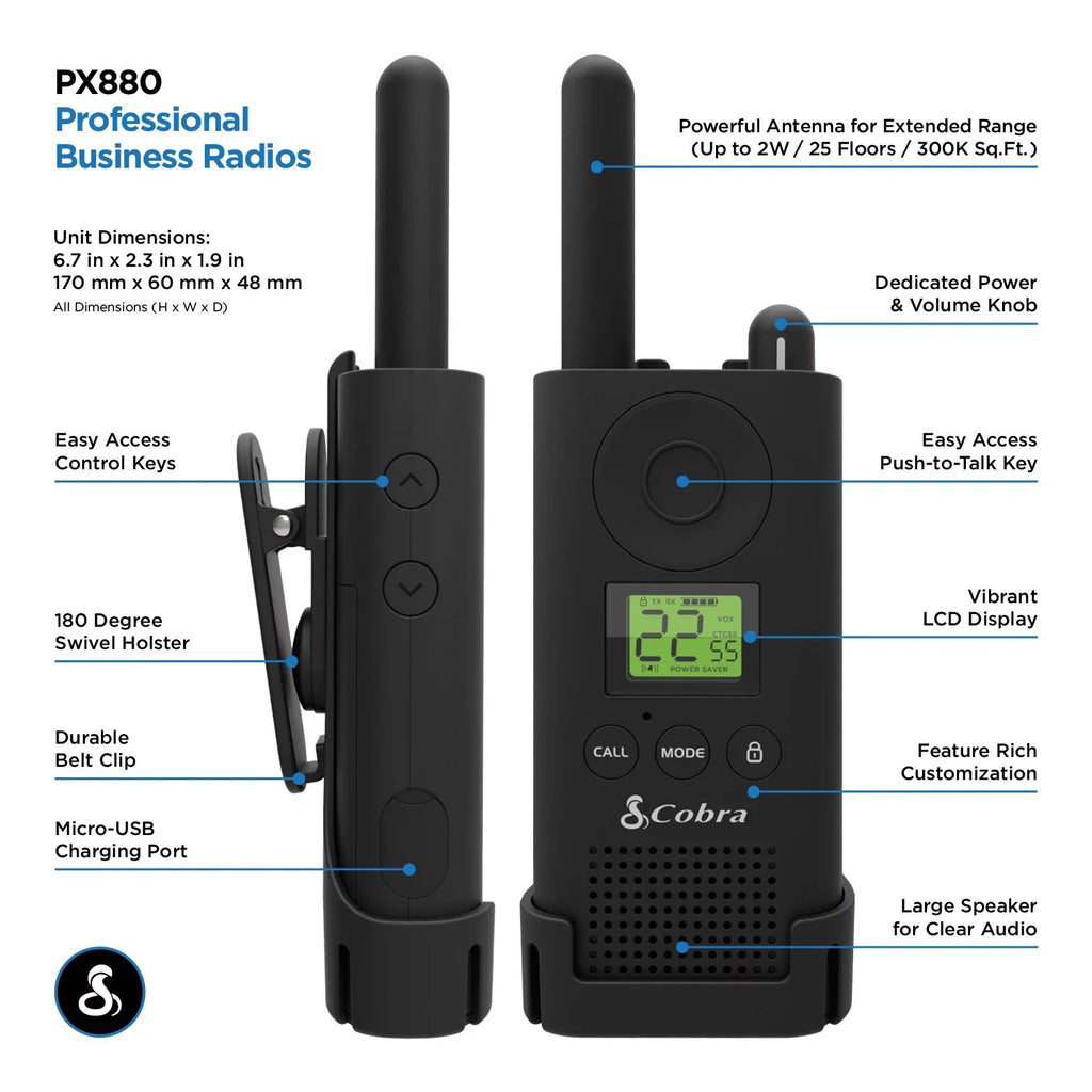 CBA-PX880 Radios Radios, Two-Way Of 2 MicroTALK Black, Cobra® Pack