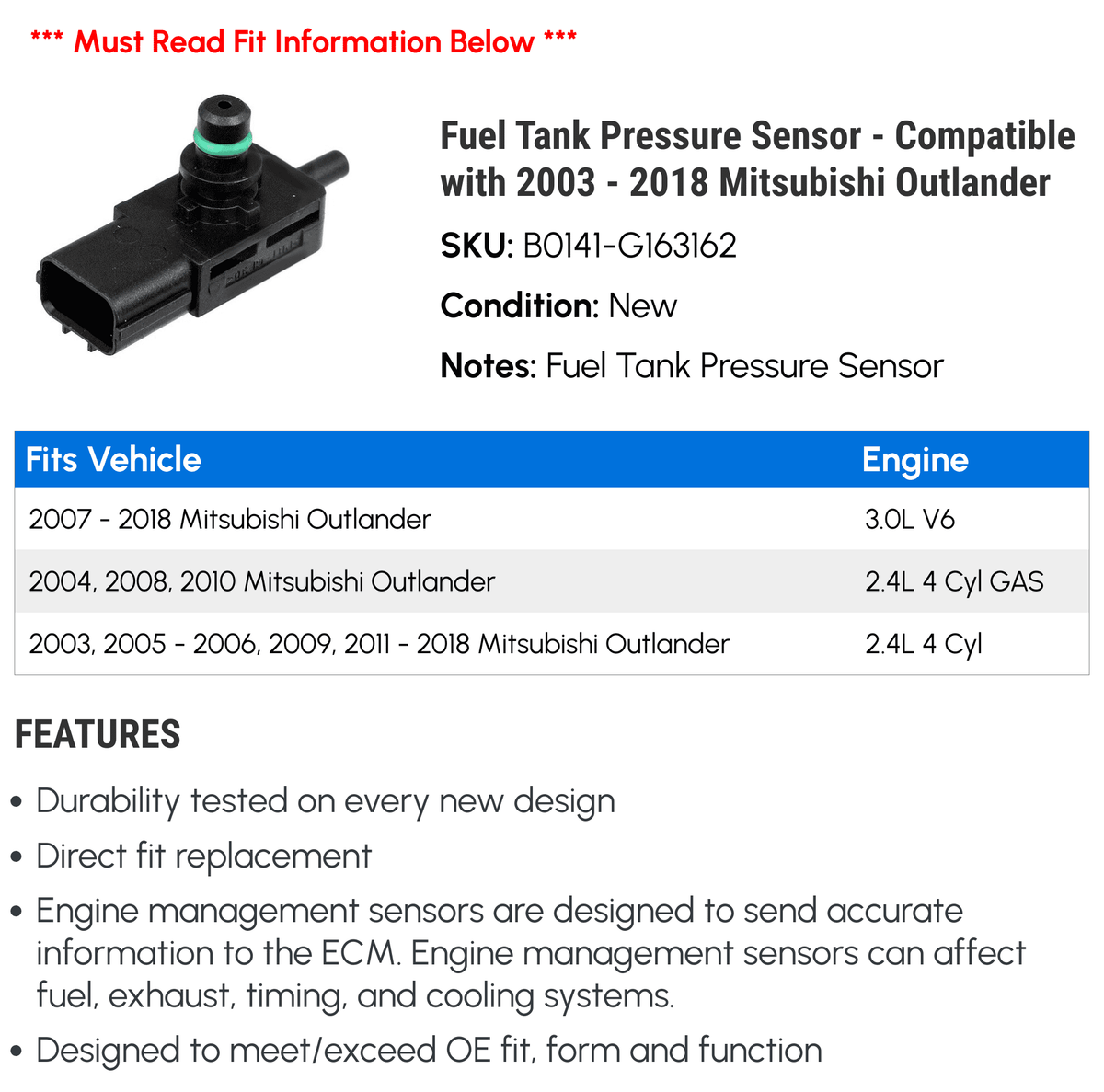 2003 2007 2006 2012 Sensor 2011 Tank 2016 2013 2004 2005 with Fuel 2008 Outlander 2018 - 2010 Pressure 2014 2015 Compatible Mitsubishi 2017 - 2009