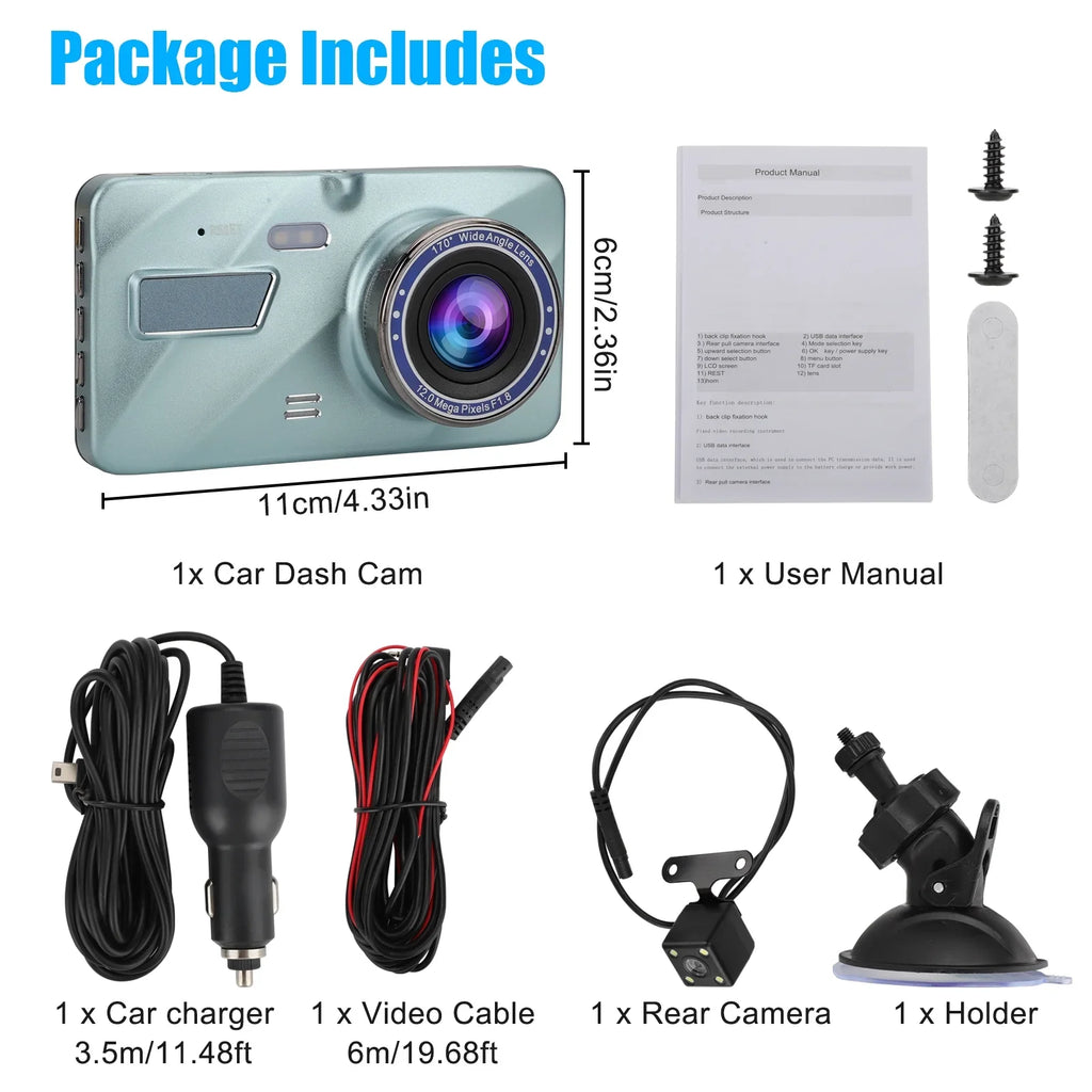 170° FHD Front Cam Camera - Screen LCD Blue) Wide Driving Touch Angle, Dash Rear Inch DVR 4 Recorder and 1080P (Sky Car G-Sensor,