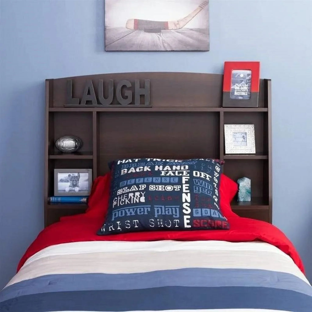 Wood Espresso Finish Storage Bookcase Headboard Twin dimension in