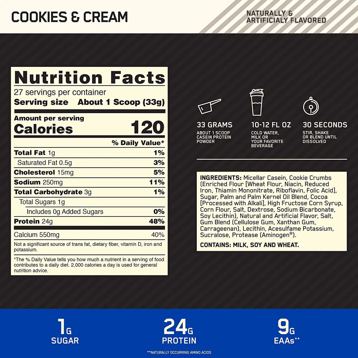 100% 1.81 & 24 Cream, 27 Casein, Nutrition, Standard Gold Servings Powder, lbs, g Optimum Protein Cookies