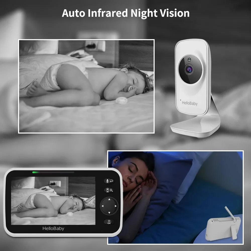 Night and Infrared VOX Lullaby, Two and LCD Camera, Way Audio, Camera Baby Color 5" HelloBaby Video Audio Monitor Monitor Vision, Display, inches Screen, with Temperature Mode 5