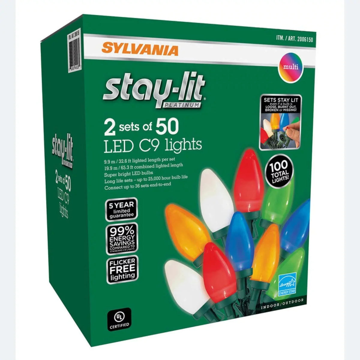 m 32.6 9.9 Lights. - String Sets Lights Stay-lit Platinum Christmas Indoor/exterior C9 LED Each 50 Sylvania ft of / Lights 2 Length