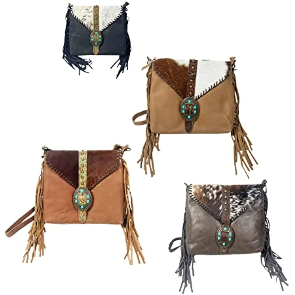 Crossbody Tote Urbalabs Bag Tooled Western Leather Stitched Teal Hand Purses Buckle Messenger Stone Fringe Cowhair (Blue)