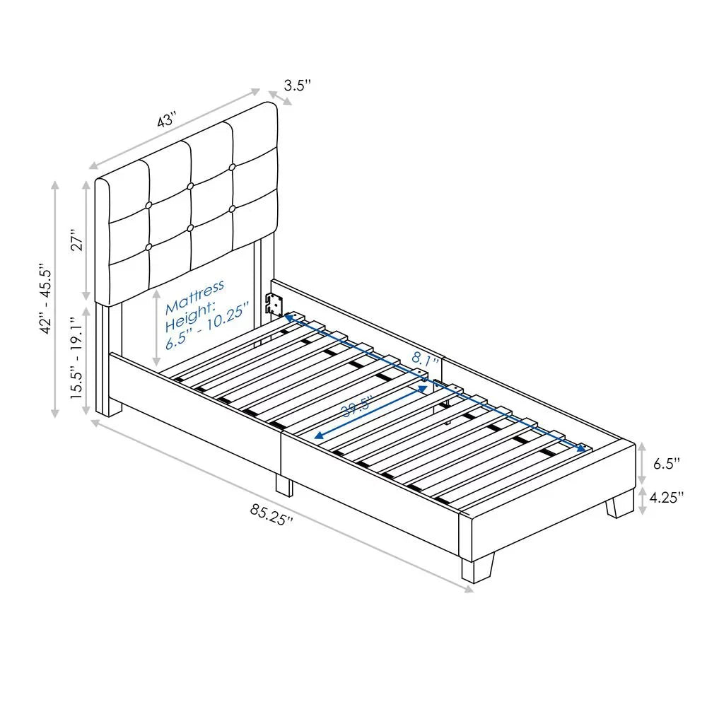 Laval Button Glacier, Slat Piece Bed Twin 12 design, Tufted Frame, Furinno