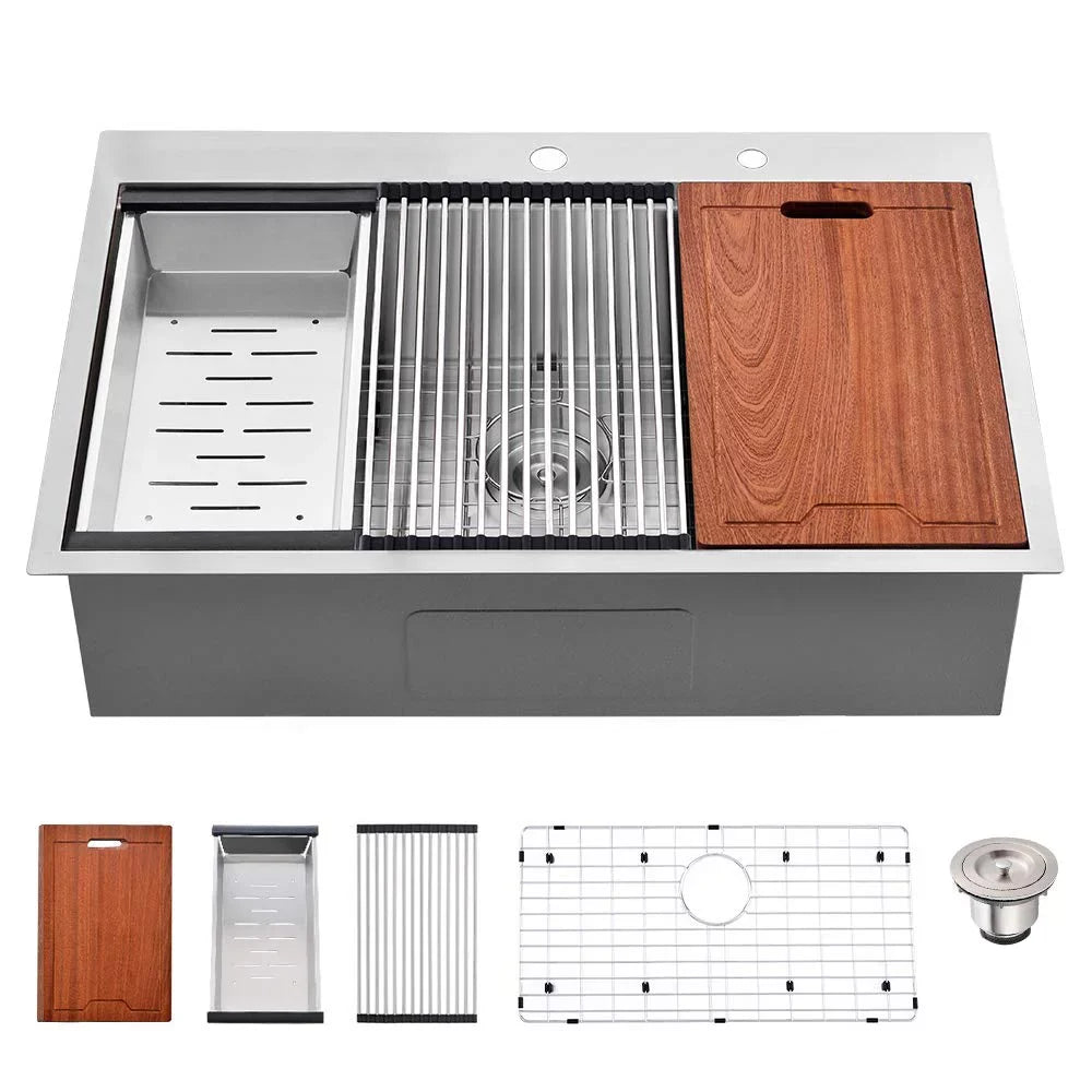 Bowl Drop-In 30'' Steel Single Holes Kitchen Sink with Stainless PROOX Faucet 2