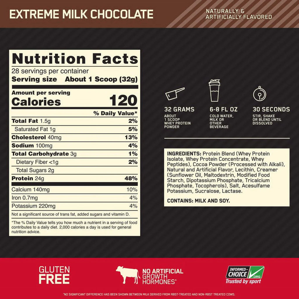 28 100% Chocolate, Protein, Gold lb, Optimum Servings Protein Nutrition, 2 Milk Powder, Extreme Whey 24g Standard
