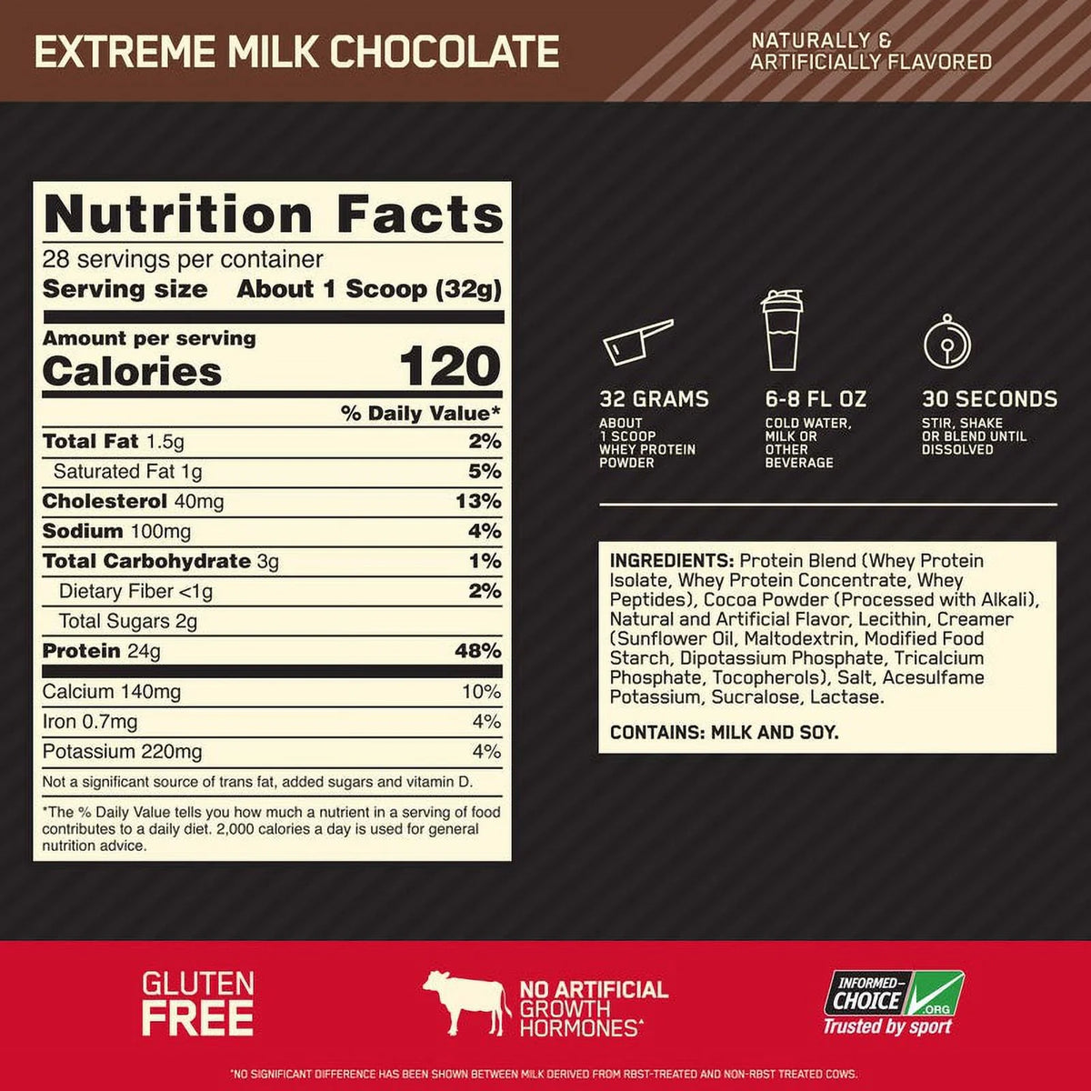 28 100% Chocolate, Protein, Gold lb, Optimum Servings Protein Nutrition, 2 Milk Powder, Extreme Whey 24g Standard
