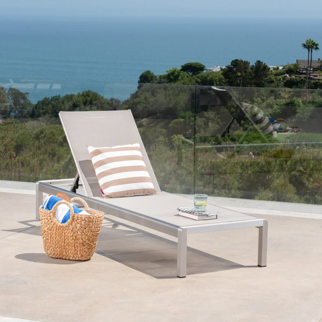GDF Mesh Bay Aluminum Lounge, Studio and Crested Adjustable Chaise and Armless exterior Silver Gray