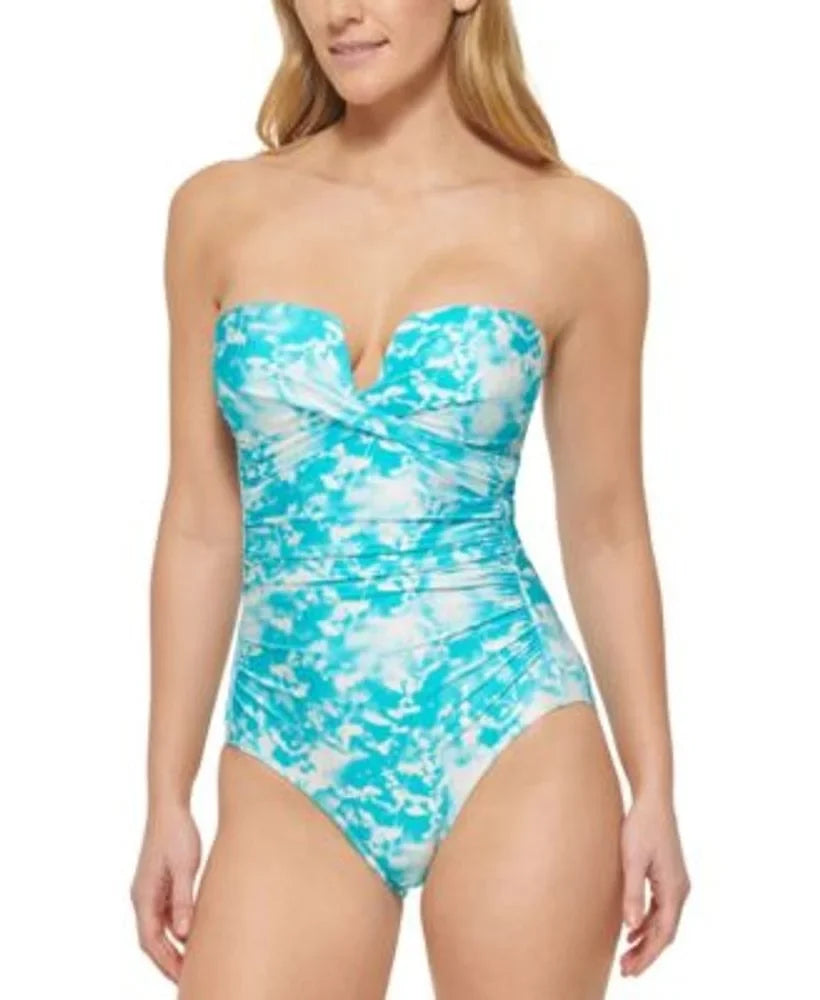 Swimsuit, TROPICAL WATERS V-Notch One-Piece Klein Calvin MULTI 6 Bandeau US