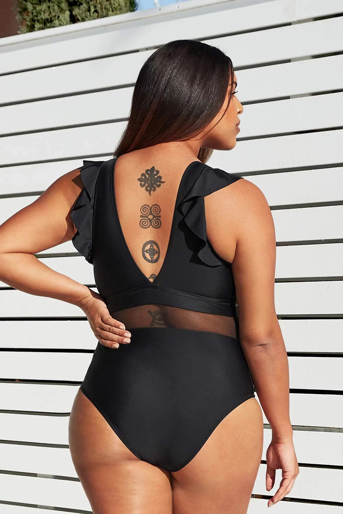dimension Ruffle Bathing XXXXL Neck Cupshe Black One Suit, Plus Piece Women's Mesh V