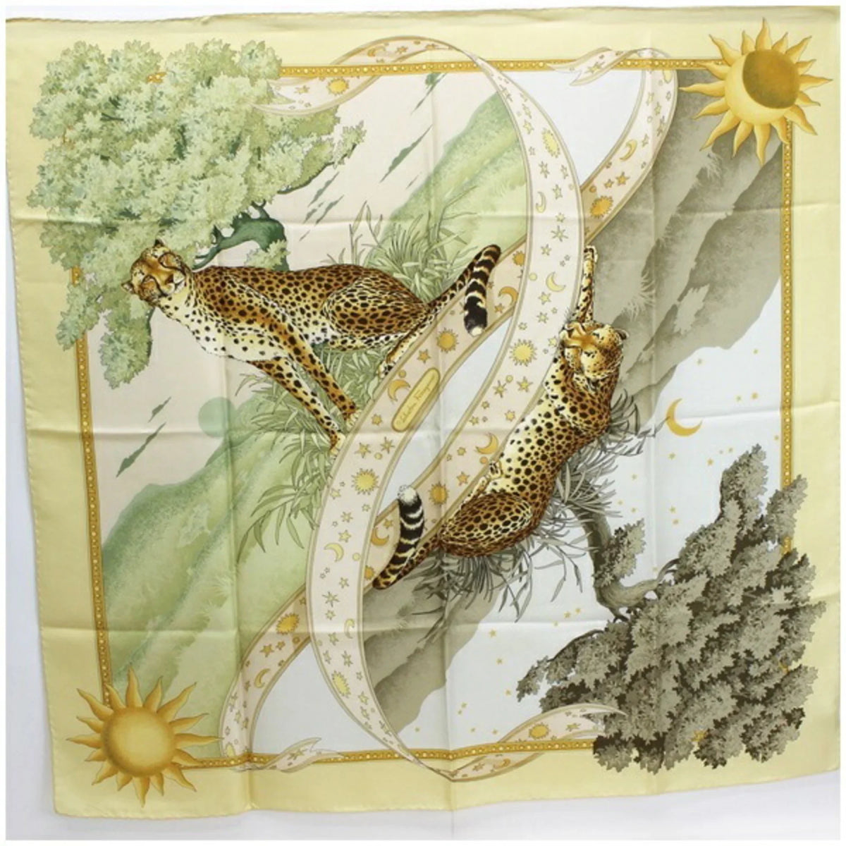 Ferragamo muffler yellow Salvatore paper Pre-Owned SALVATORE FERRAGAMO silk pattern ladies animal leopard print scarf (Good)