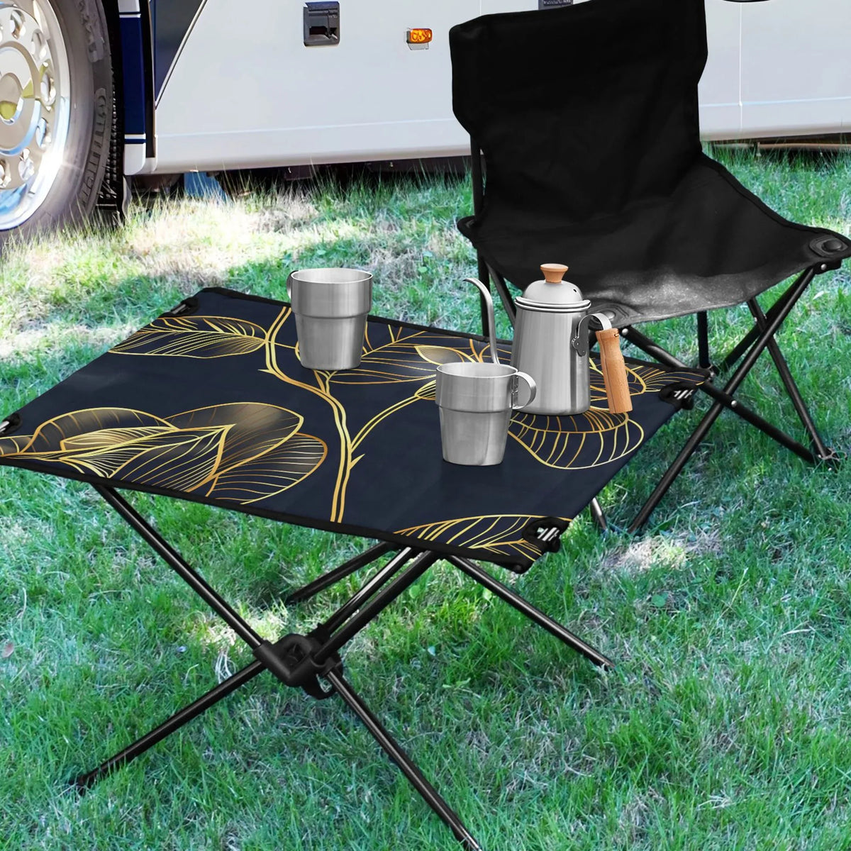 Flower with Portable Fishing Table Bag for Compact Folding Golden Rose Beach Table Travel exterior Picnic BBQ Luxury Storage Camping Table
