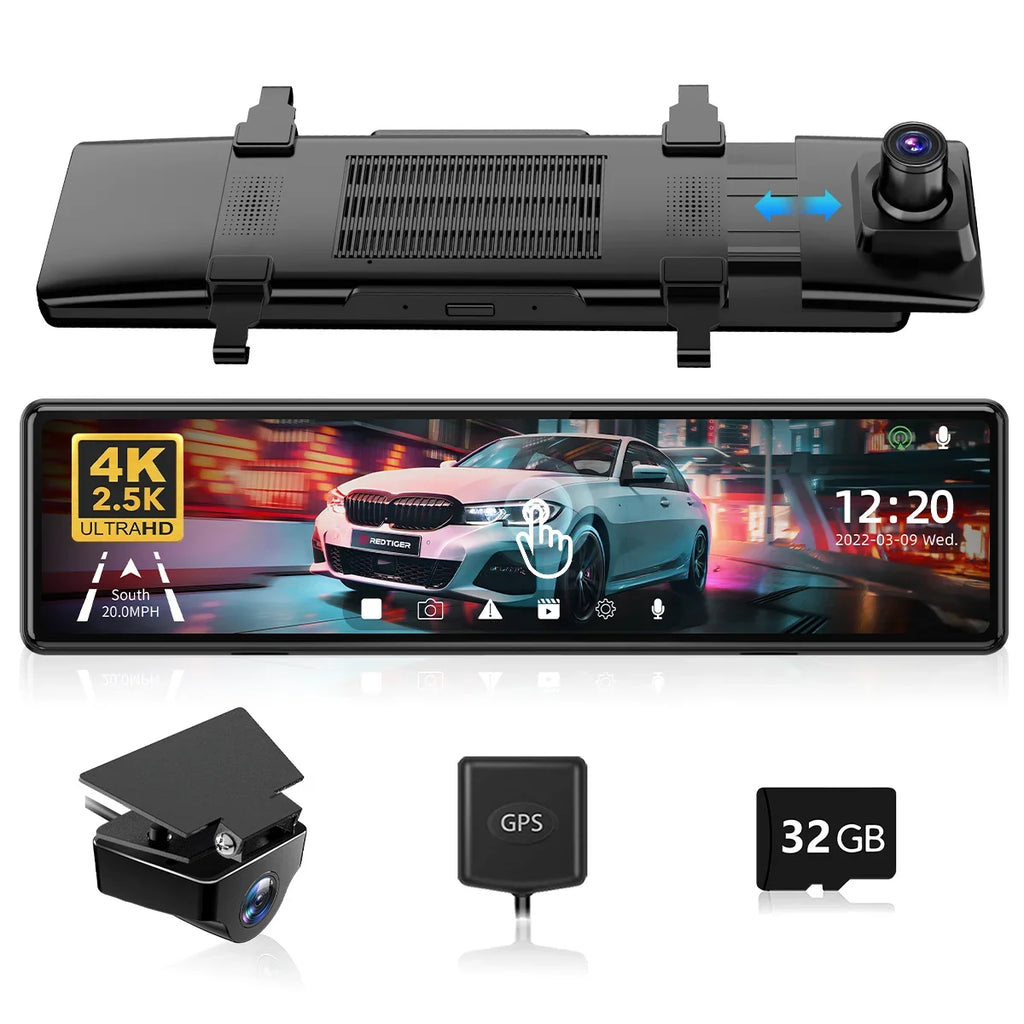 Card Camera for 32GB 2.5K GPS 4K Camera Rearview Dash , Mirror Front Full View Screen Cars, and Touch with 11" Rear Cam, Dash Dash Vision REDTIGER UHD Mirror Night Rear Free