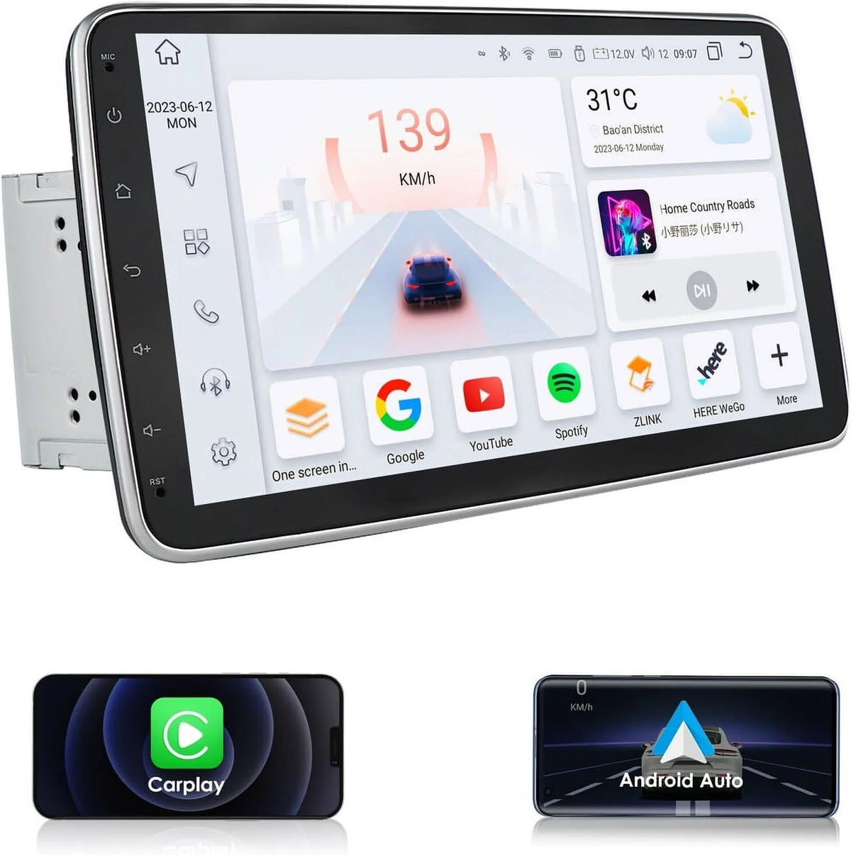 2DIN 12 Carplay 10.1" Android Double 4+32GB Car Radio Rotatable GPS Stereo